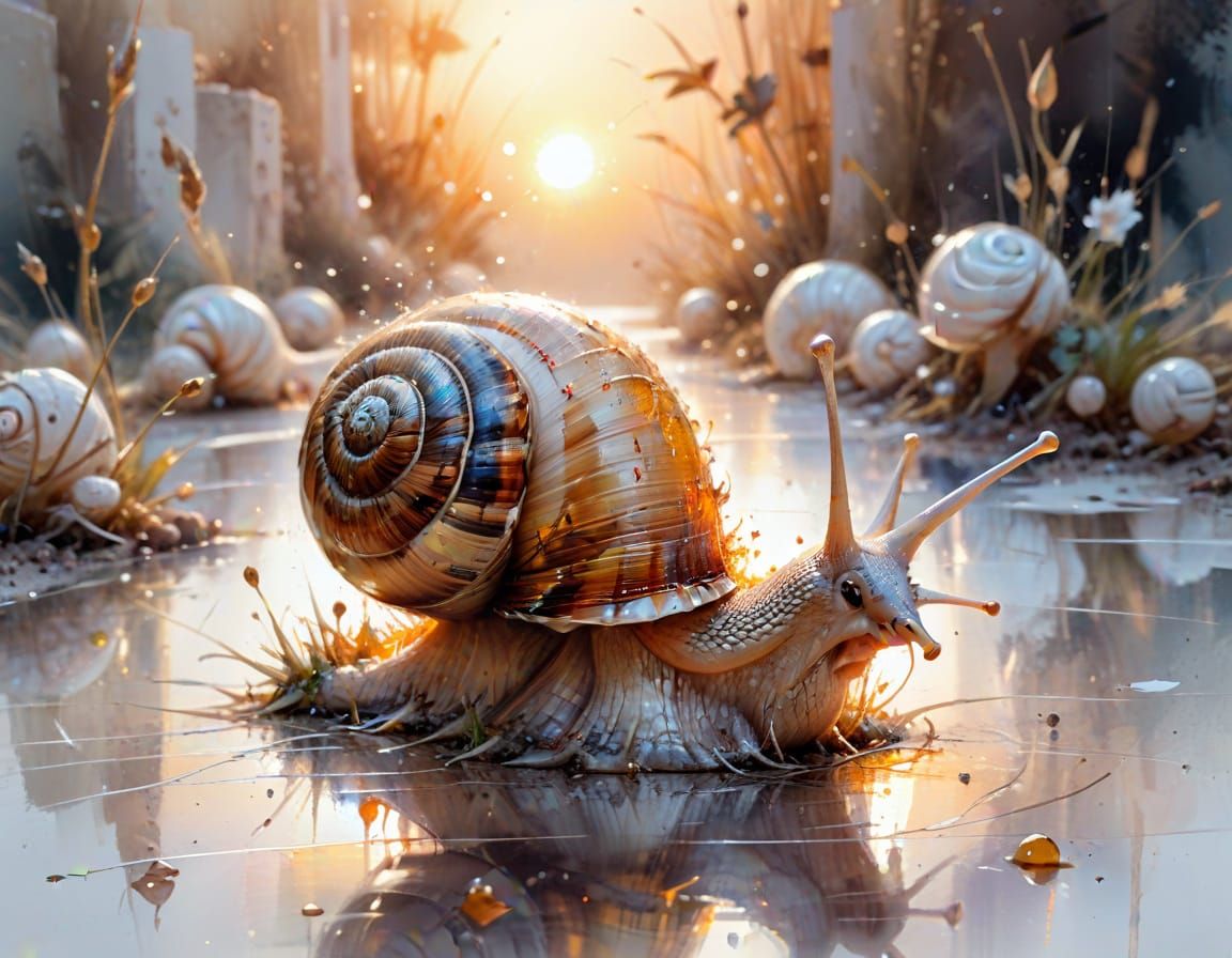 Curious Snail in Watercolor Sunset