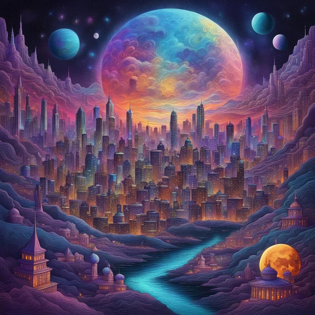 Futuristic City on the Moon: Holographic Illustration
