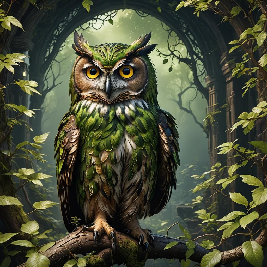Green-Eyed Owl Matte Painting in Detailed Fantasy Art