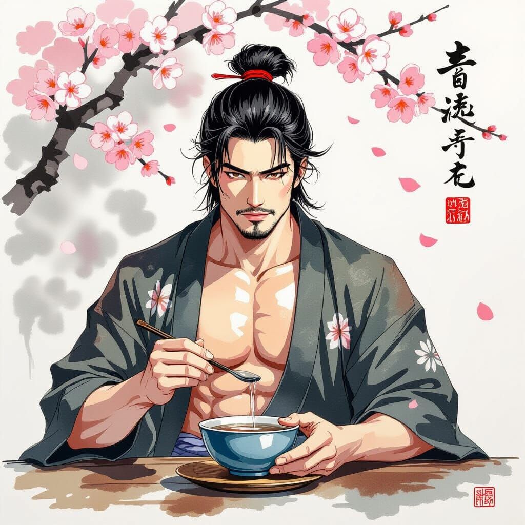 Muscled Man in Tea House with Cherry Blossoms, Ukiyo-e Style