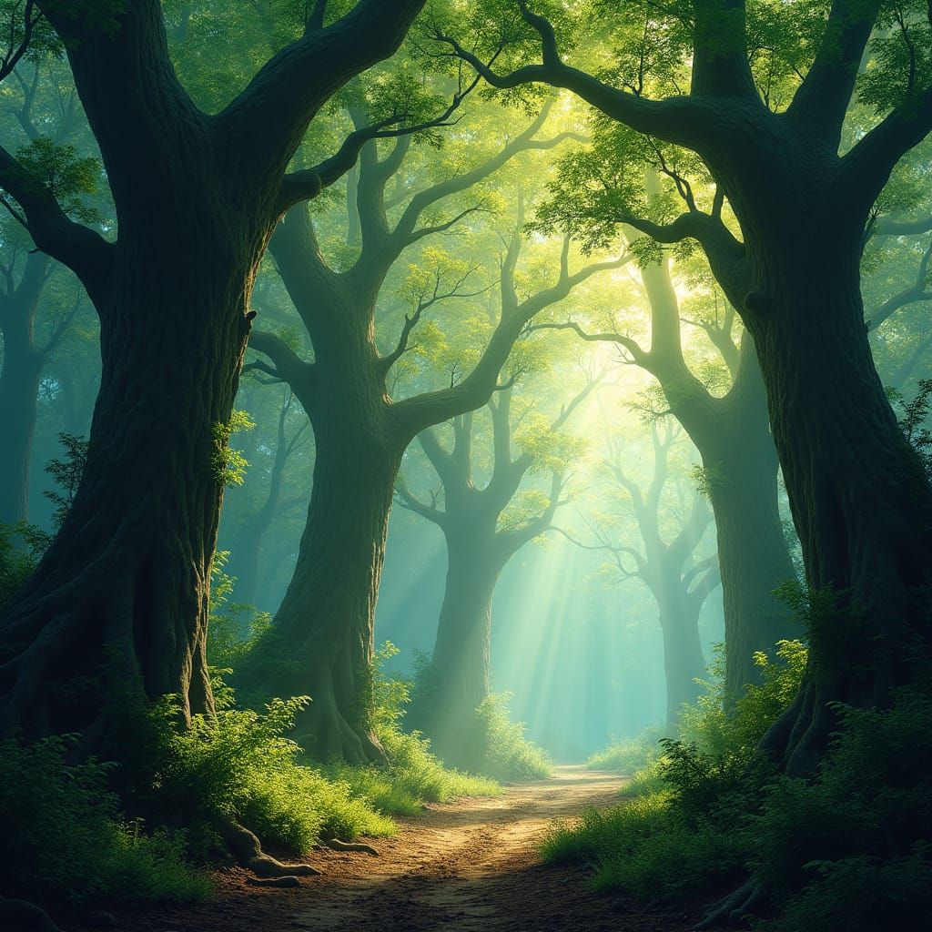 Primeval Forest with Emerald Shadows, Atmospheric Landscape