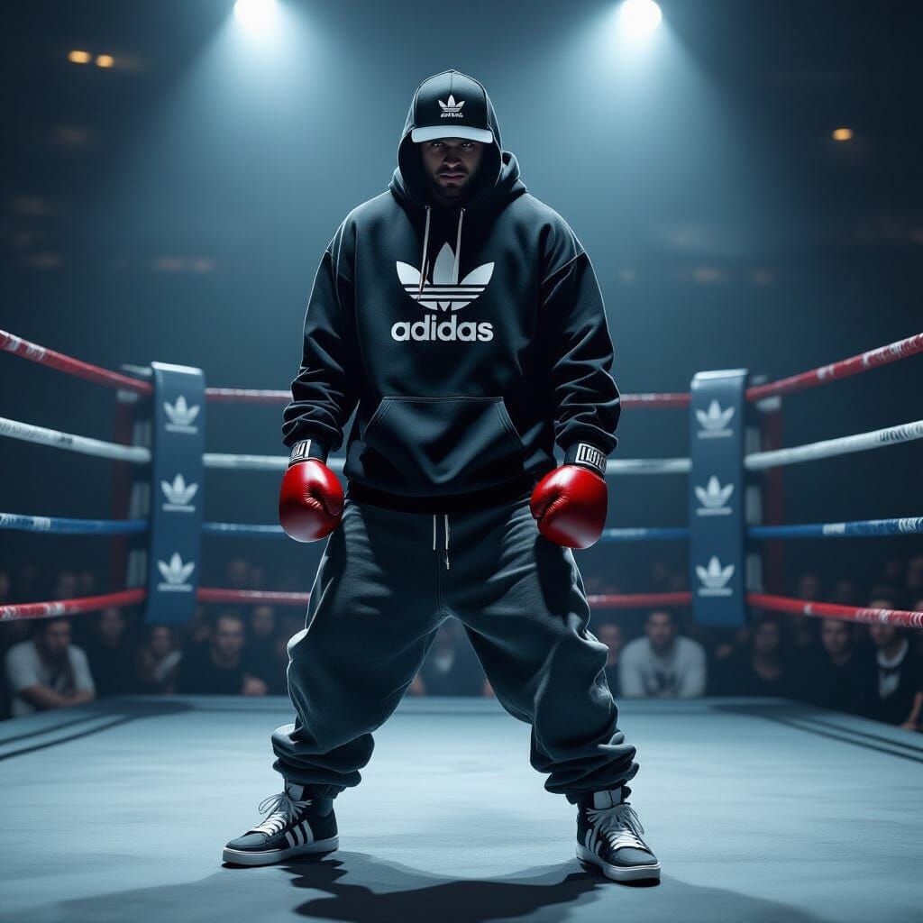 Rapper in Boxing Ring: Gritty High-Contrast Portrait