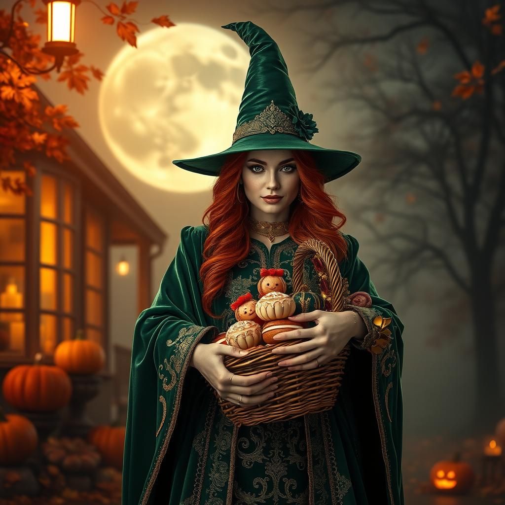 Redhead Witch with Sweets in Halloween Fantasy Art