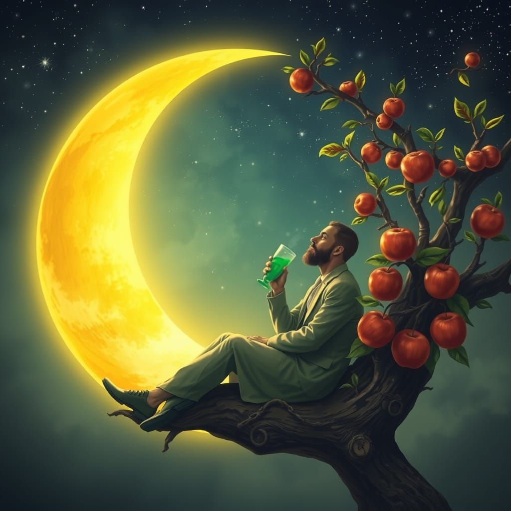 A Man Contemplates Life Under the Moonlit Apple Tree