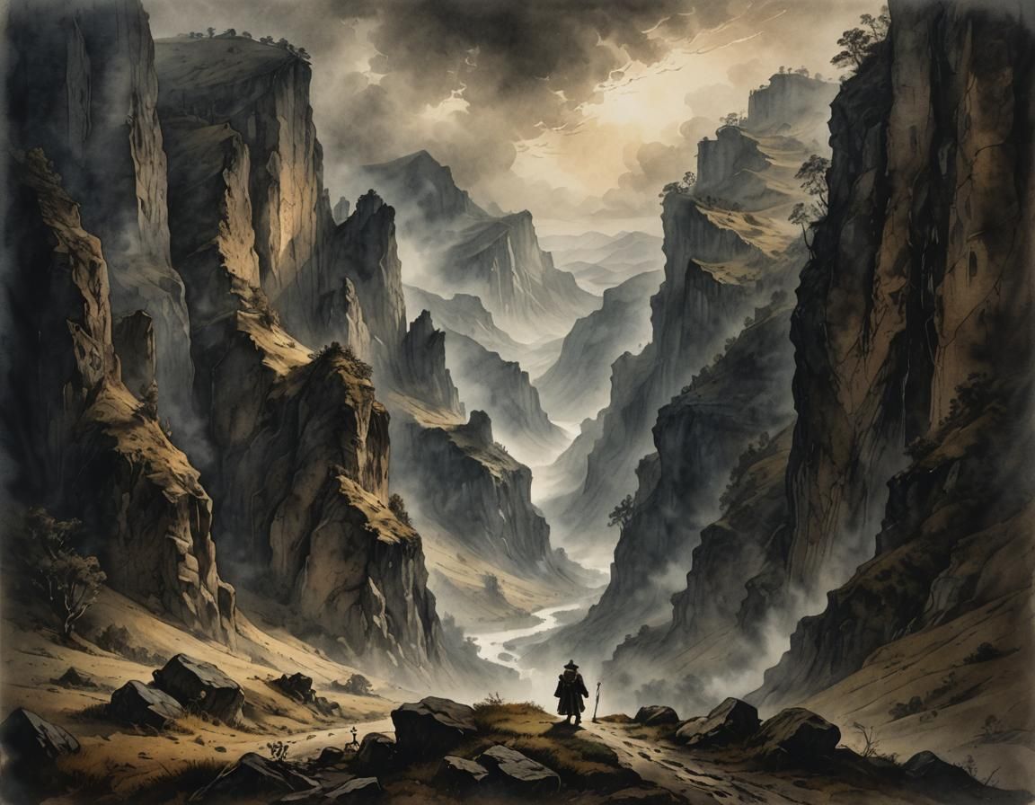 Baroque Valley: A Figure Walks in Shadow