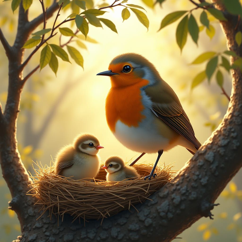 Proud Robin Watches Over Nest in Painterly Realism