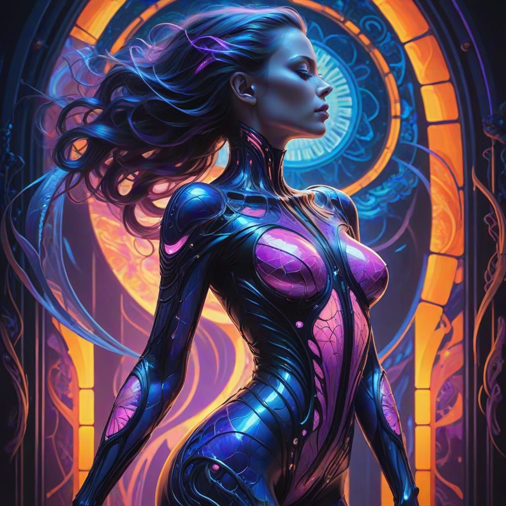 Poised Woman in Biomechanical Bodysuit Captured in Oil Paint...