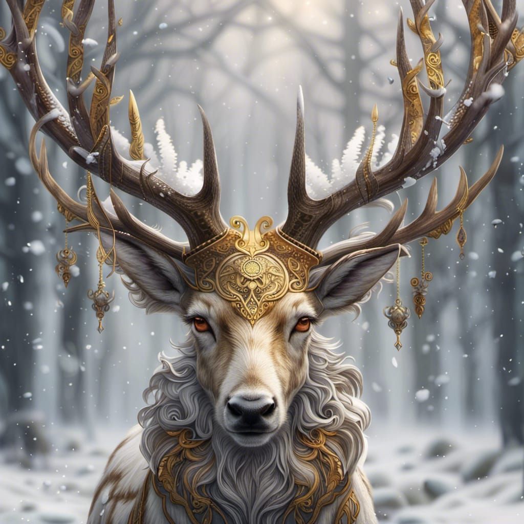 Fantasy Fairy Stag in Snowstorm: Detailed Digital Art