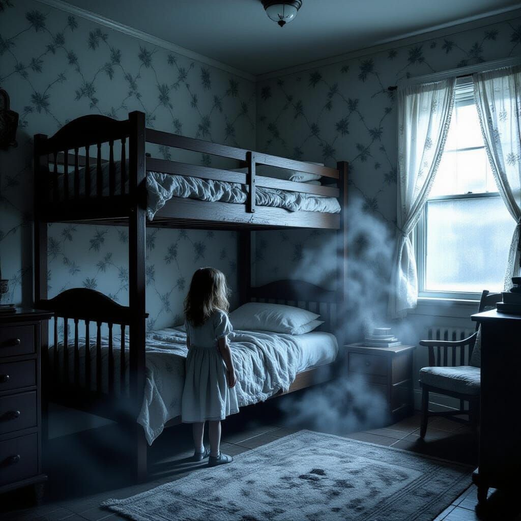 Haunted child's room, eerie bunkbed, spectral mist. 👻🌫️👧�...