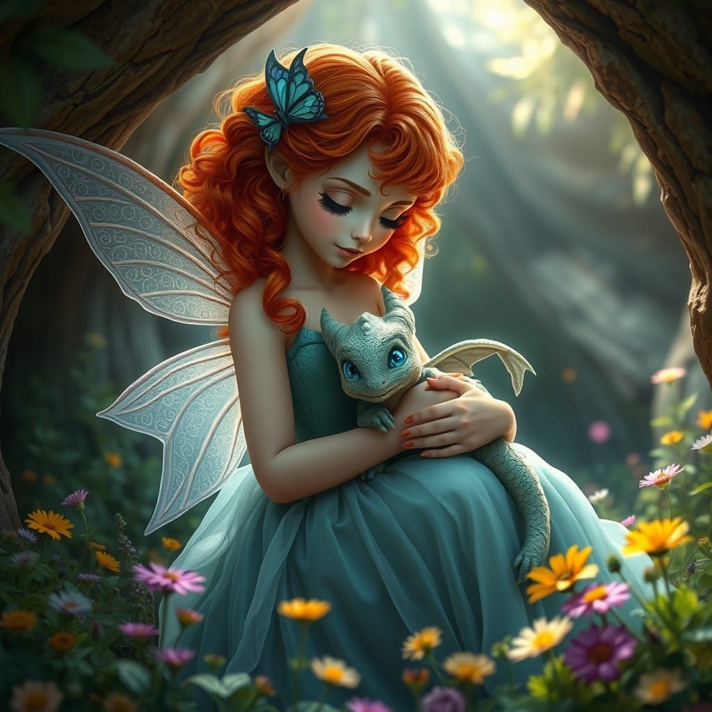 Fairy and Baby Dragon in a Magical Forest Cave
