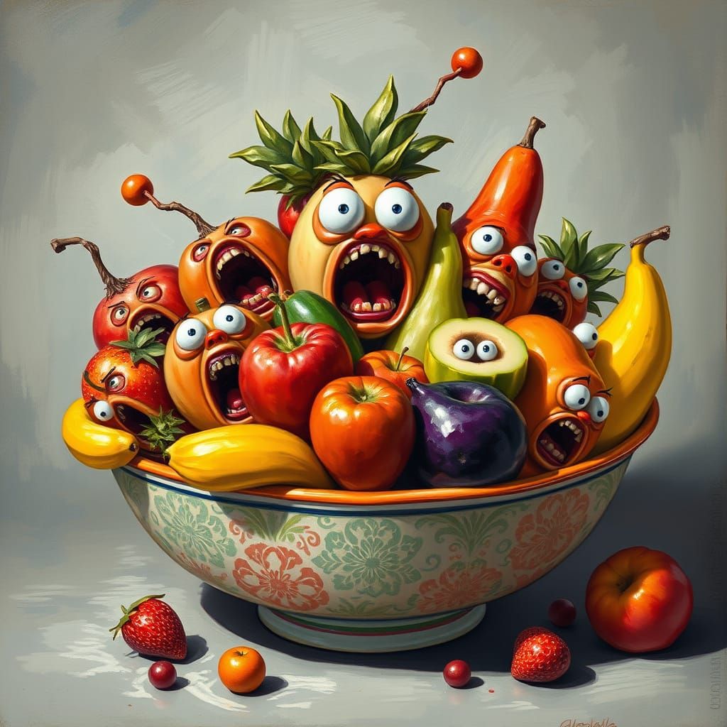 Alarmed Fruit in Ceramic Bowl, Painterly Style