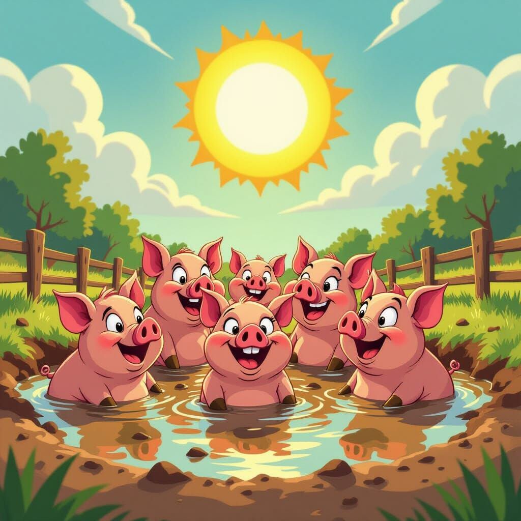 Mischievous Cartoon Pigs Reveling in Mud Pit