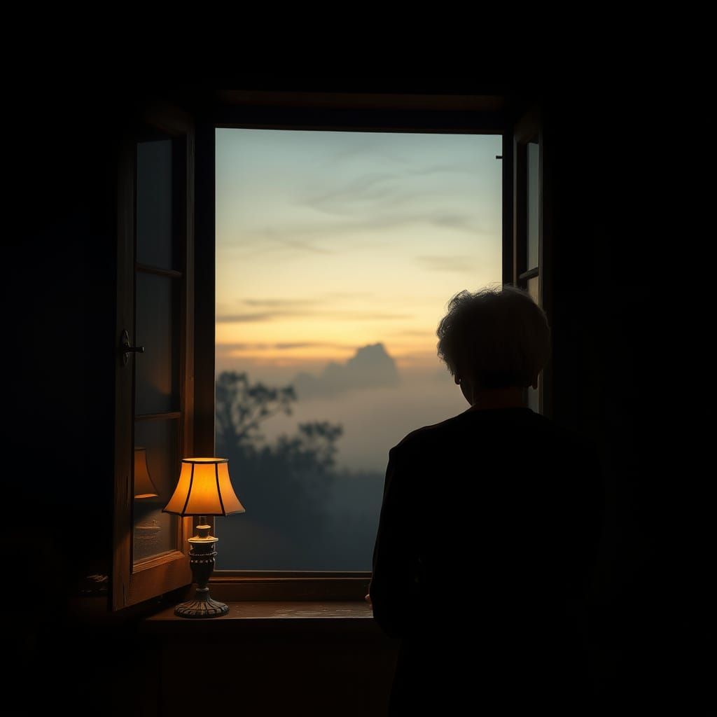 Elderly Woman's Contemplative Silhouette in a Worn Window Fr...