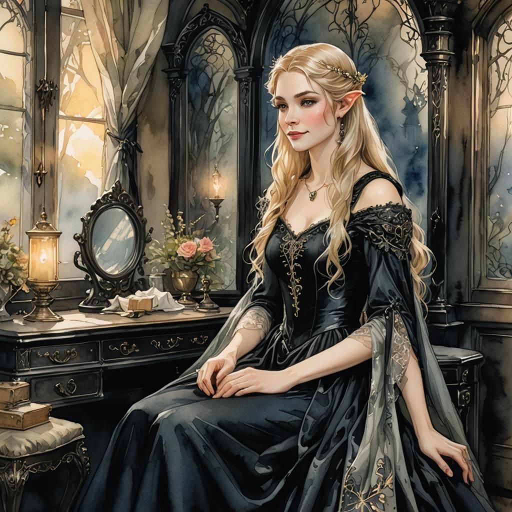 Elven Princess at Vanity, Watercolor Style of Arthur Rackham