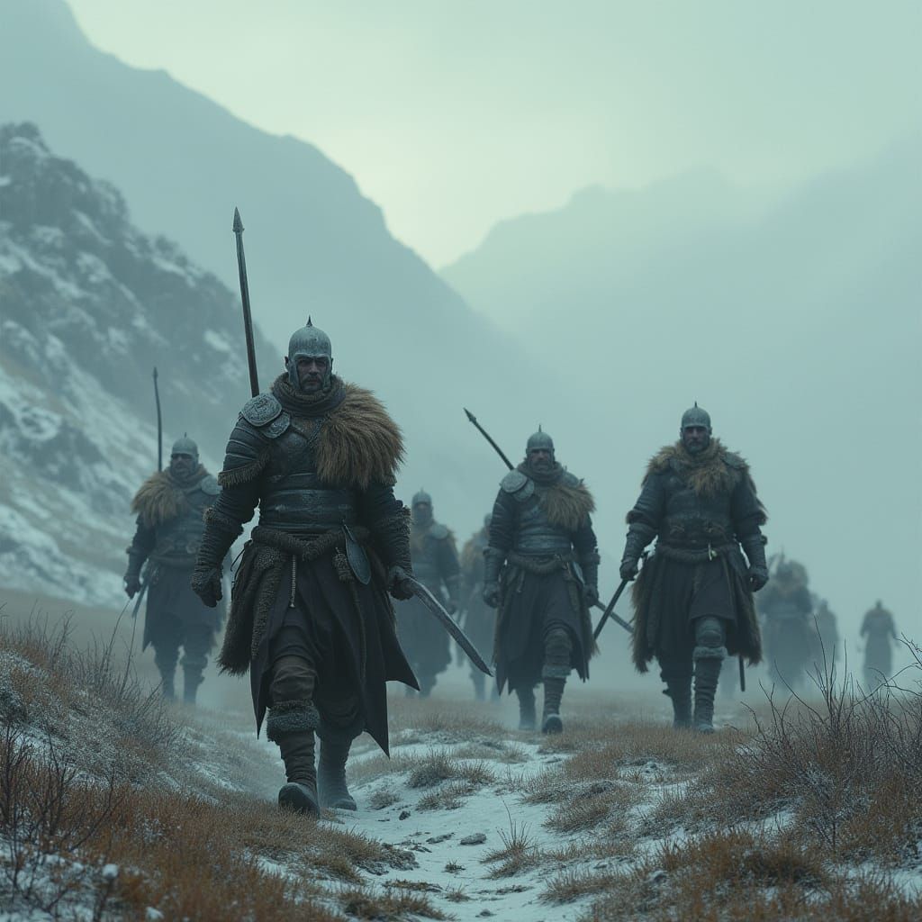 Vikings in Nordic Landscape, Hyperrealistic Style