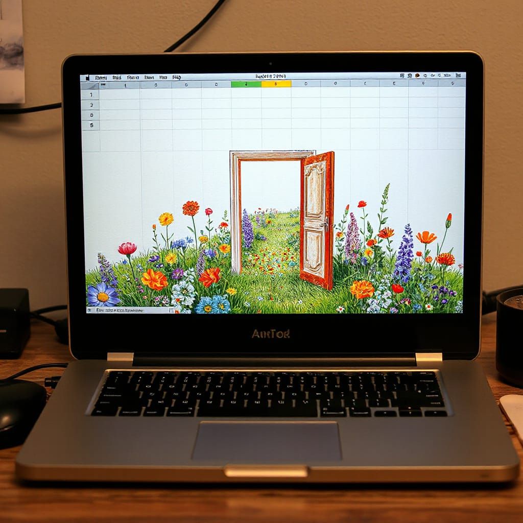Laptop Portal to Meadow: Alcohol Ink Illustration