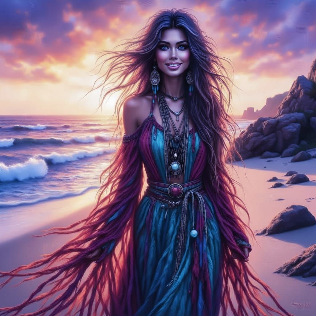 Native American Woman on Beach at Sunset