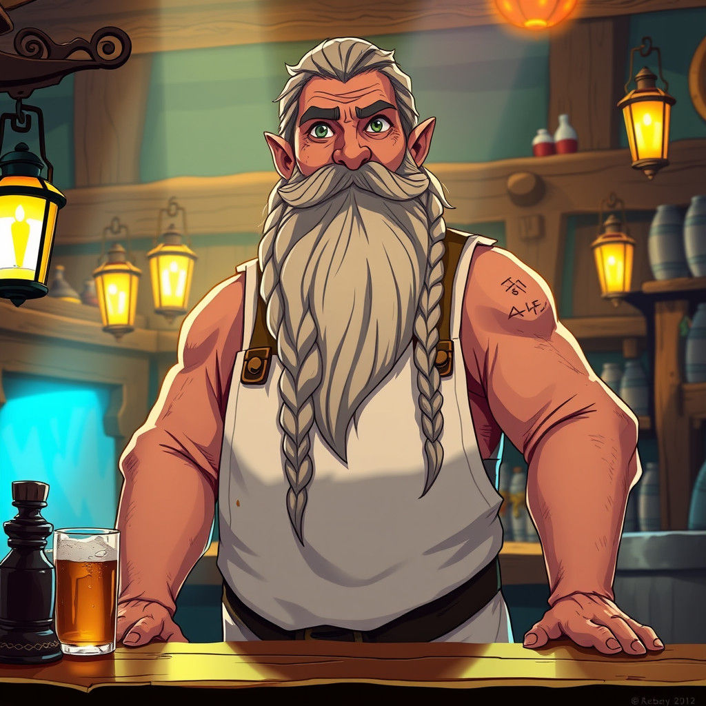 Dwarf Tavern Keeper with Braided Beard in Manga Style