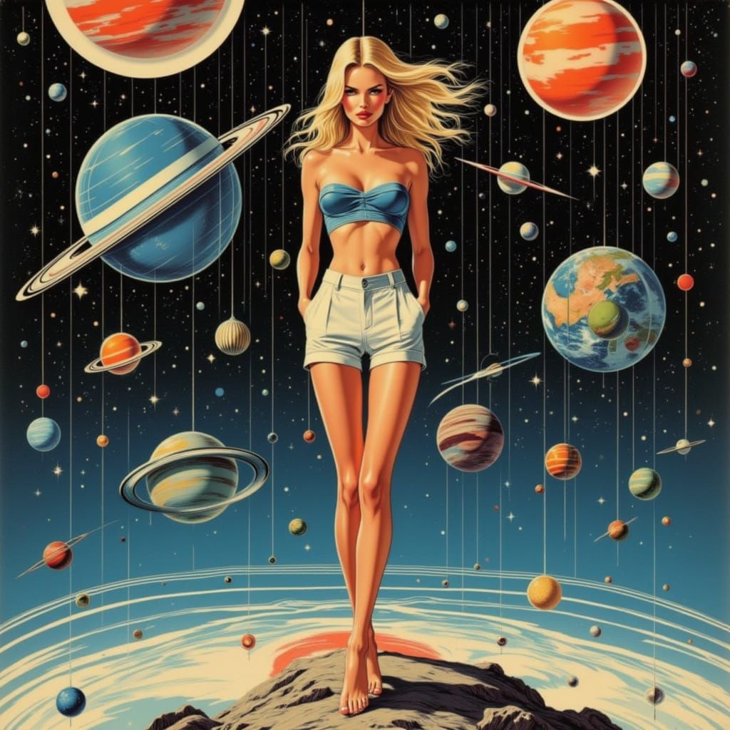 Retro-Futuristic Woman Amidst Celestial Bodies