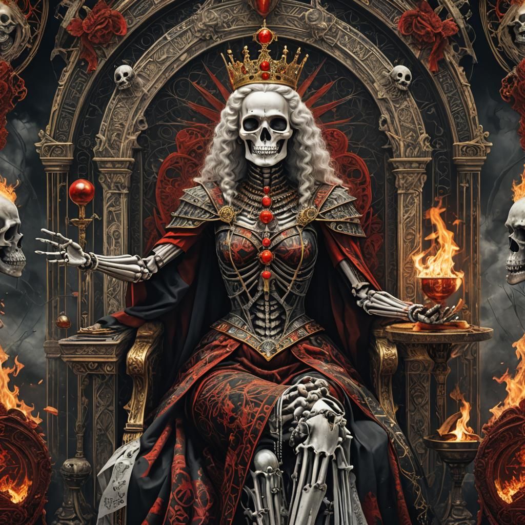 The Queen Tarot Card with Skeleton and Fire