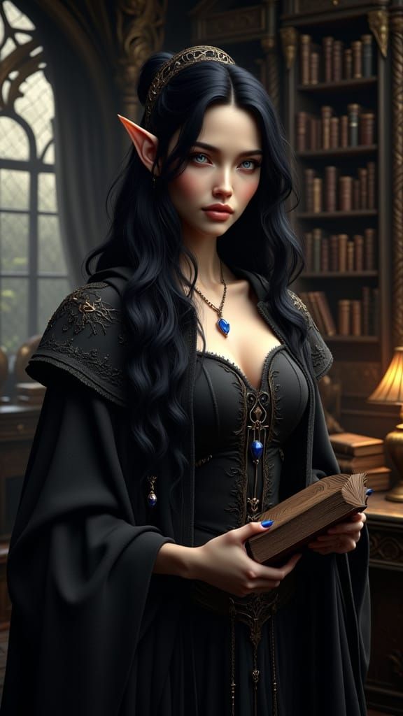 Half-Elf Woman with Book in Dark Fantasy Style