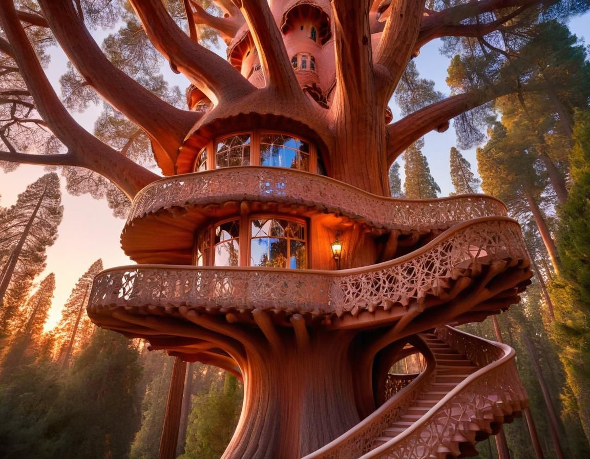 Gaudi-Inspired Treehouse in Giant Redwoods at Sunset