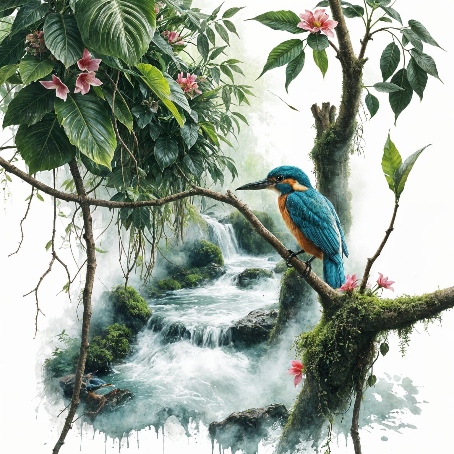 Tropical Waterfall with Kingfisher in Watercolour Style