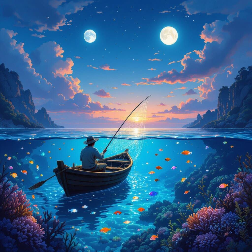Fisherman's Twilight Catch in Bioluminescent Reef