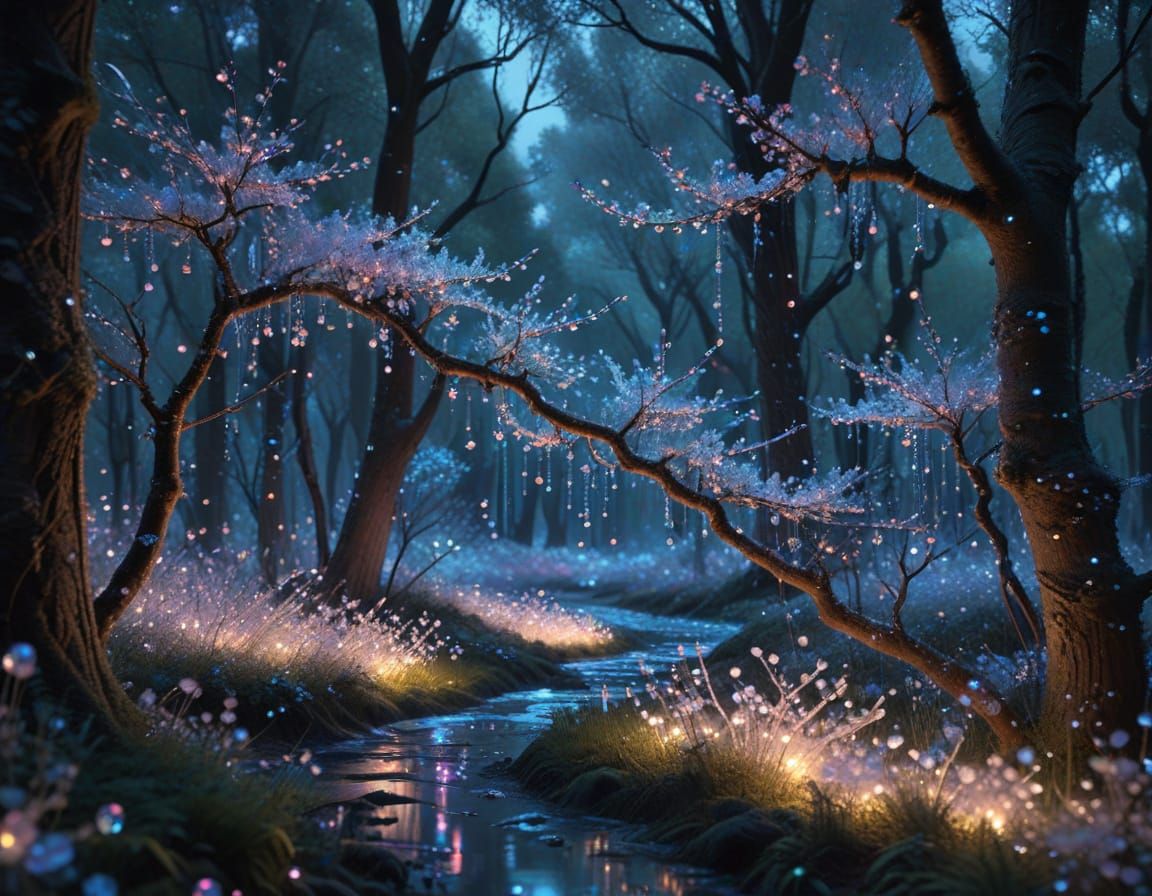 Crystal Forest with Blooming Cherry Blossoms at Twilight