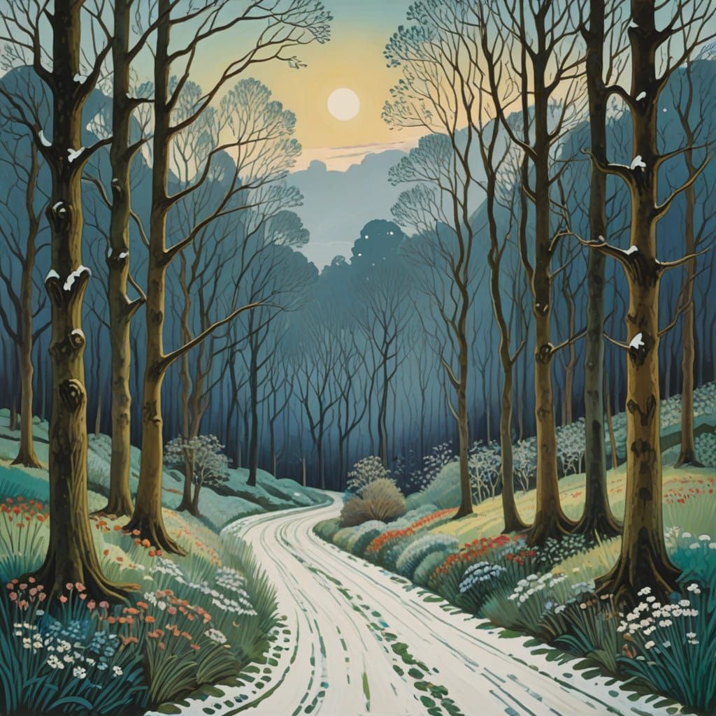 Whimsical Winter Forest in Gouache Style