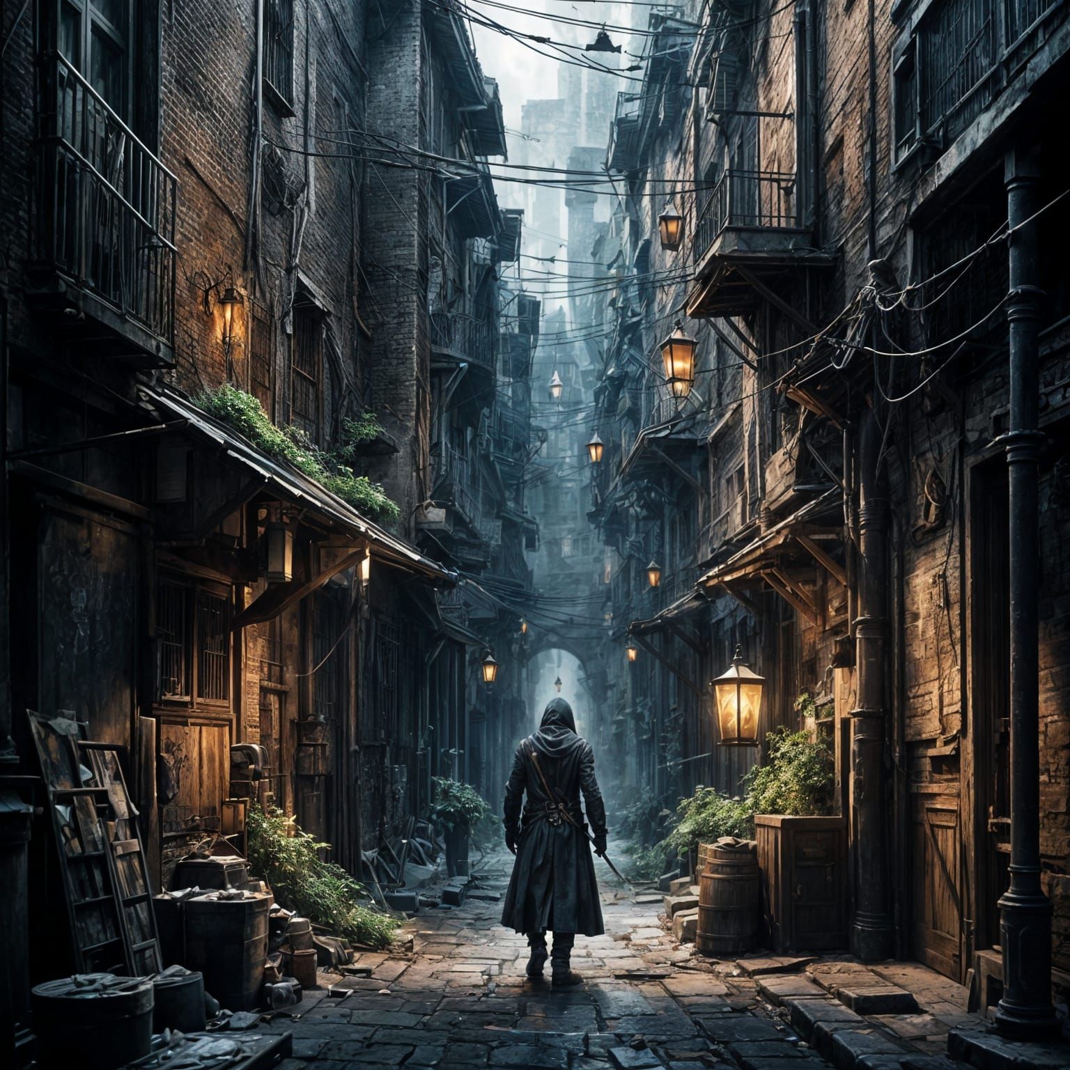 Dramatic Assassin in Dark Alleyway: Digital Matte Painting