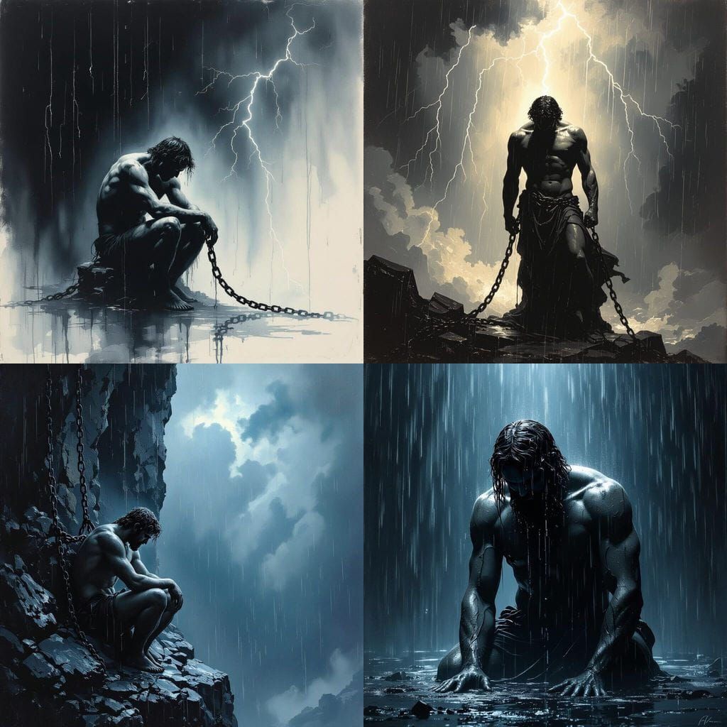 Sad Prometheus in Dark Rainy Background
