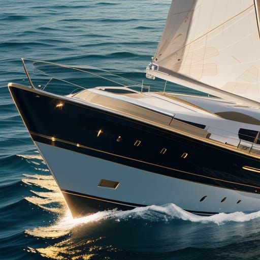 Luxury Gold Yacht on Calm Water: Hyper-Realistic Art