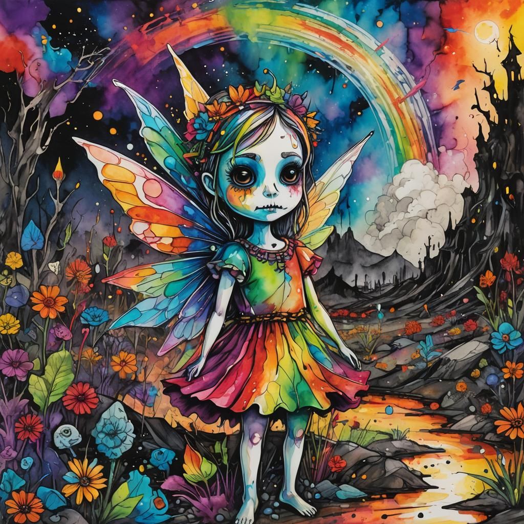 Rainbow Fairy in Land of Dead, Alcohol Ink Style