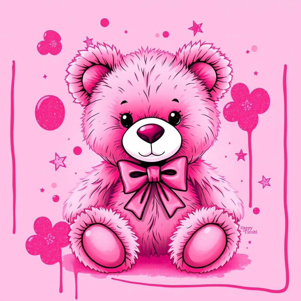 Whimsical Pink Bear in a Delicate Drip Art Frame