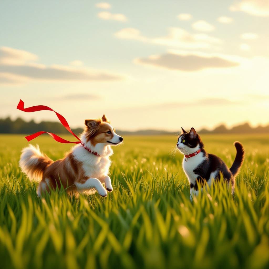 Dog and Cat Ribbon Connection in Digital Art Style