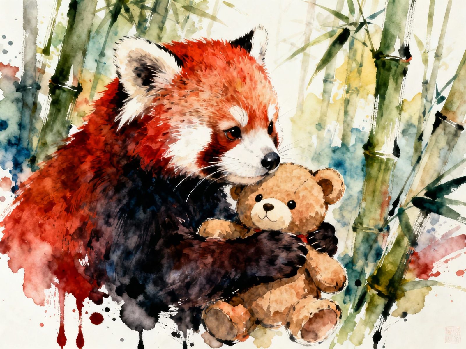 Red Panda Hugs Teddy Bear in Bamboo Forest Watercolor