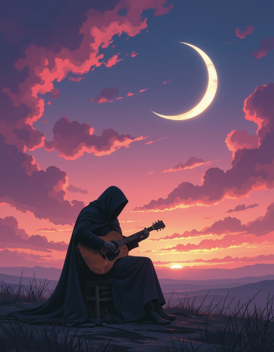 Lone Guitarist in Twilight, Moody Digital Painting