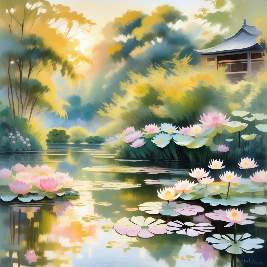 Impressionist Japanese Garden Sunrise in Monet Style
