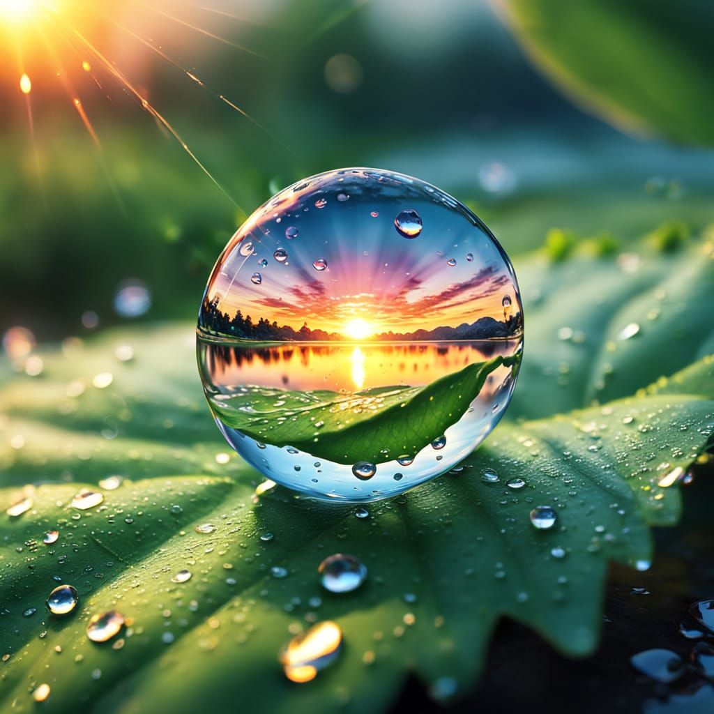 Sunset Landscape Reflected in Water Drop