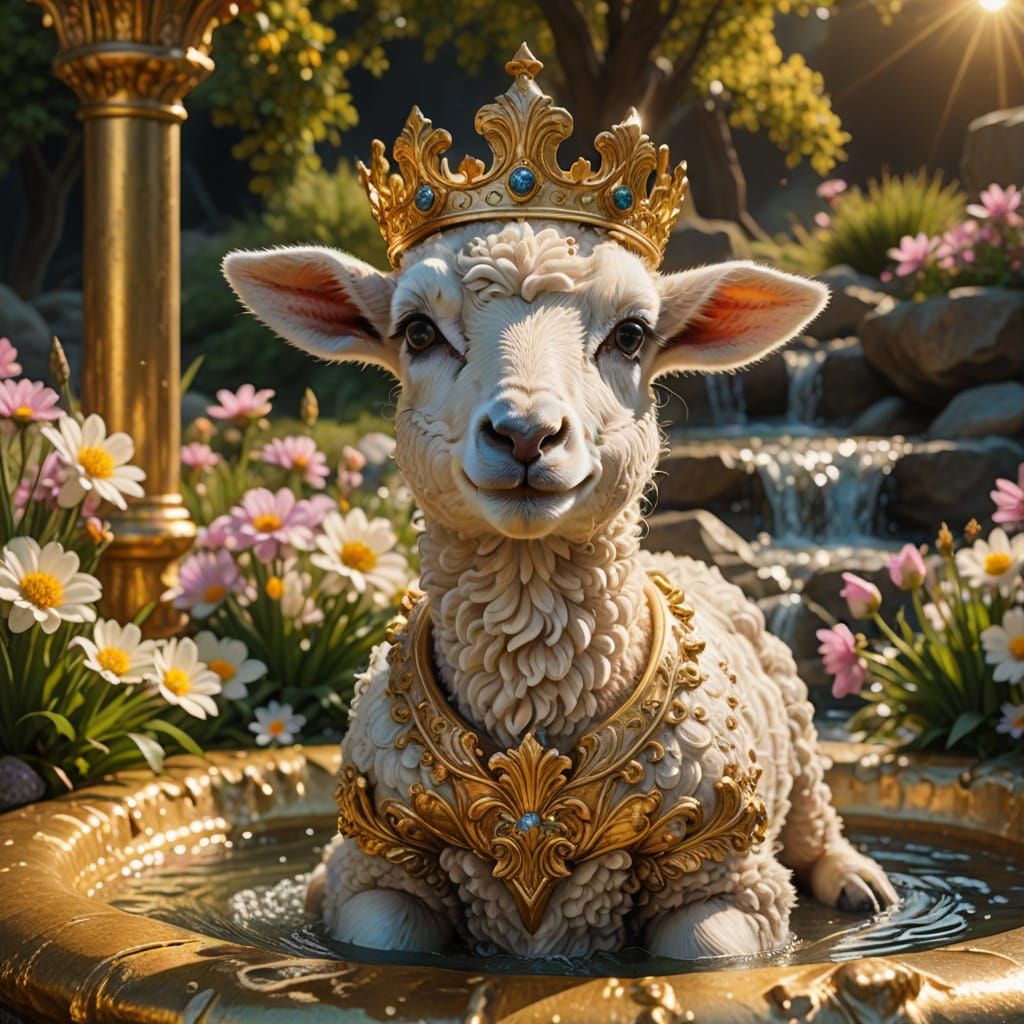 Crowned Lamb on Golden Throne: Hyper-Realistic Digital Art