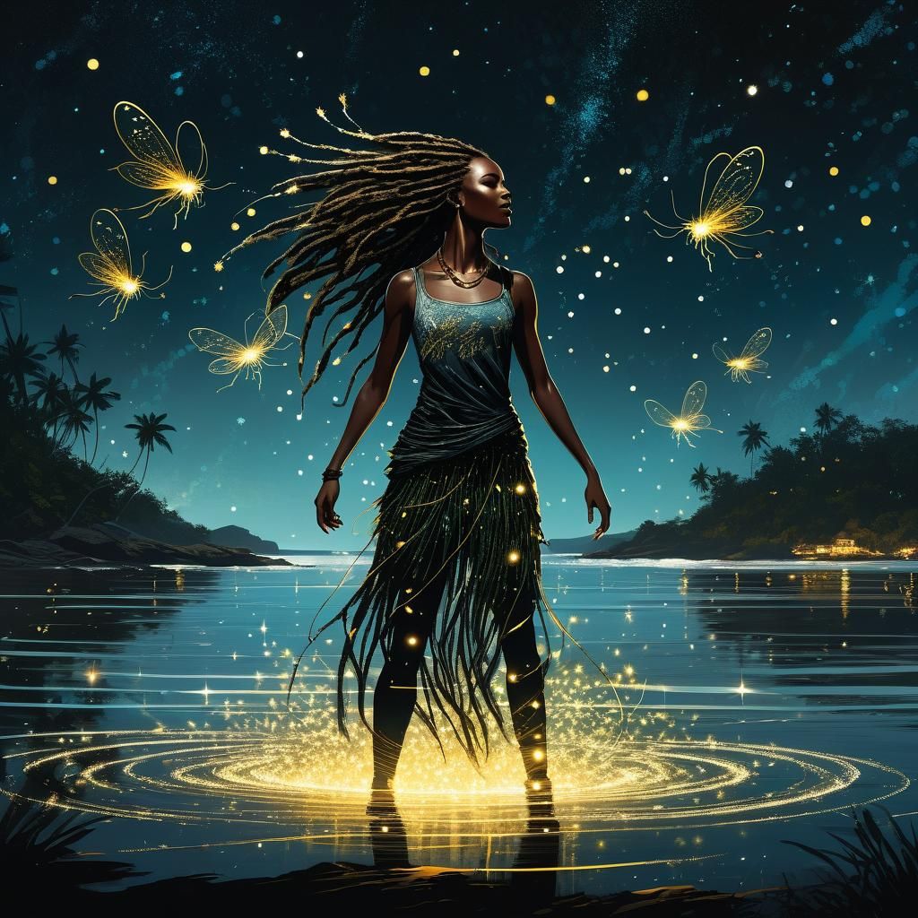 Dreamlike Beach Scene with Fireflies