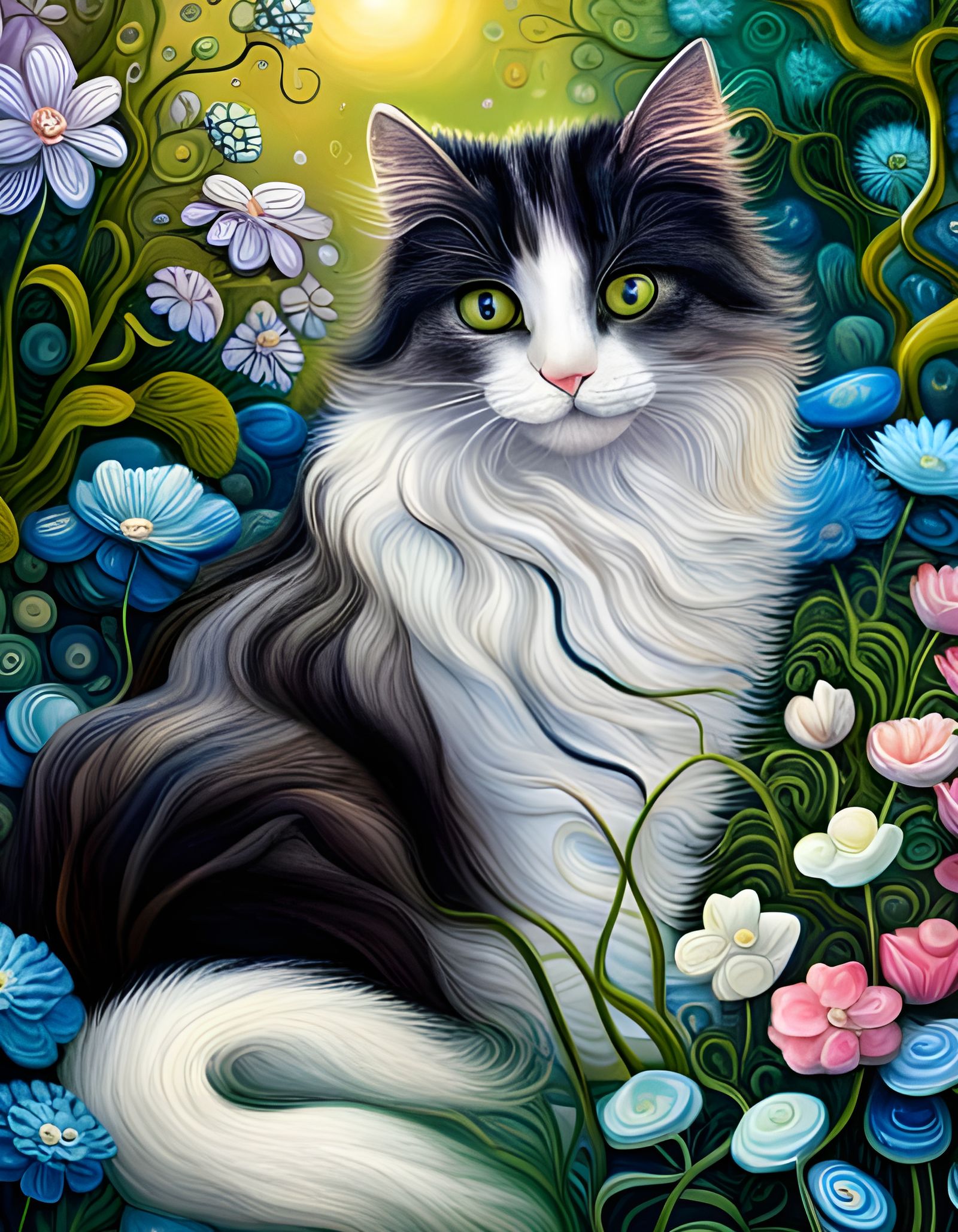 Long-Haired Cat in Flower Garden as Oil Painting