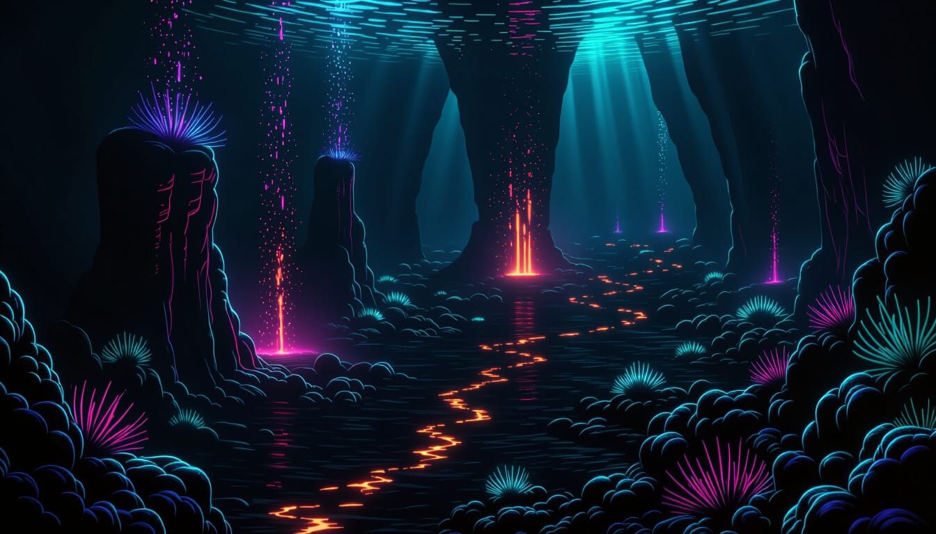 Alien Ocean Floor Illuminated by Bioluminescence