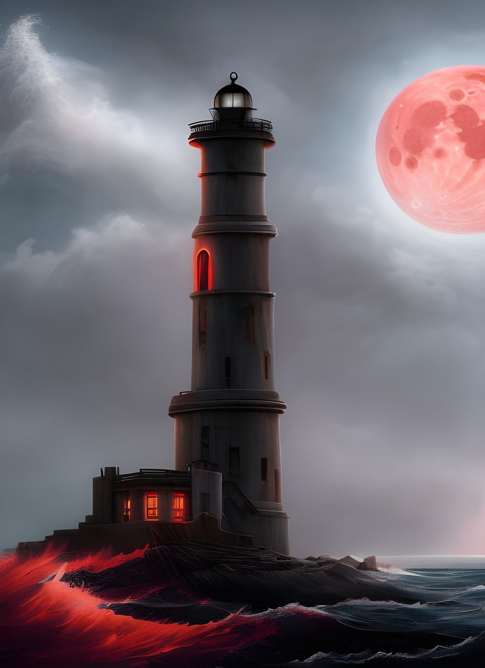 Ominous Abandoned Lighthouse on Fiery Stormy Sea