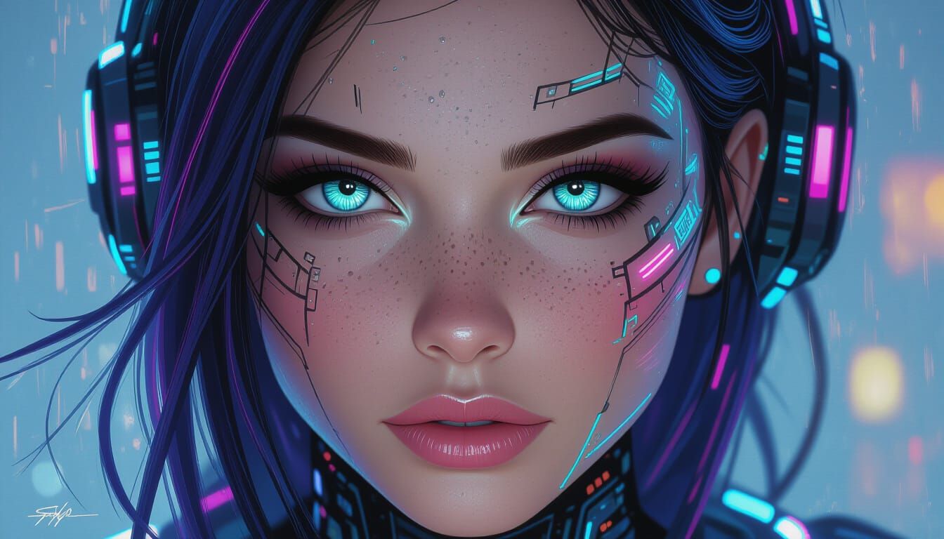 Cybernetic Woman Portrait with Luminescent Eyes