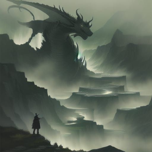Samurai Warrior Overlooks Dragon and Misty Valley