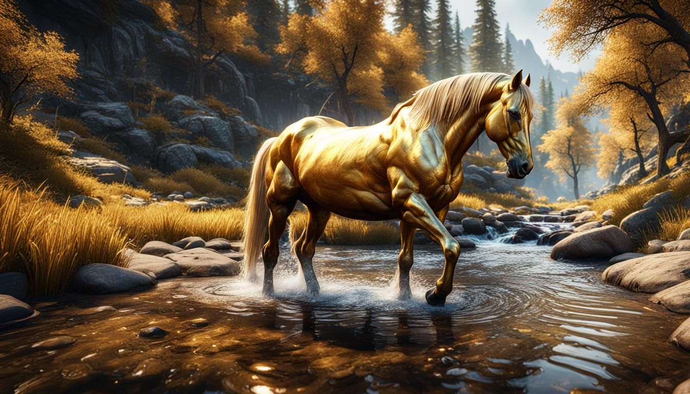 Golden Horse Drinking: 3D Game Cinematic Graphics