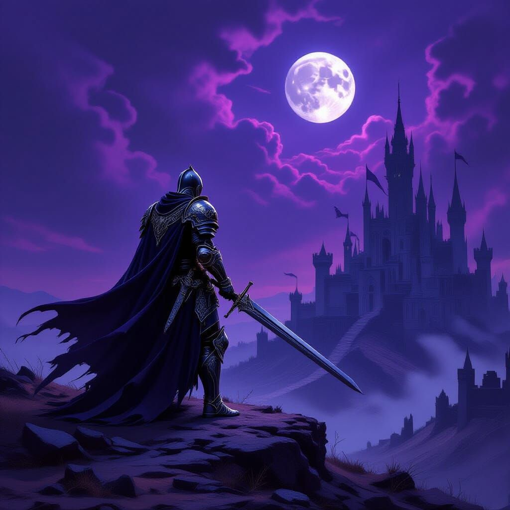 Knight Overlooking Desolate Kingdom in Dark Fantasy Style