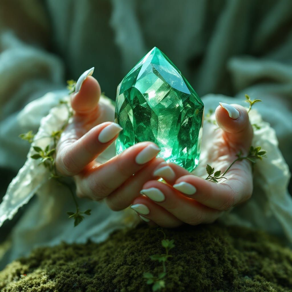 Ethereal Hands Cradling Emerald Crystal in Forest
